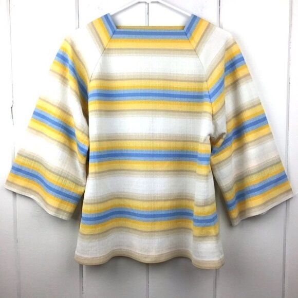 Vintage Tops - ‎Vintage Cream & Blue Boatneck Bell Sleeve L